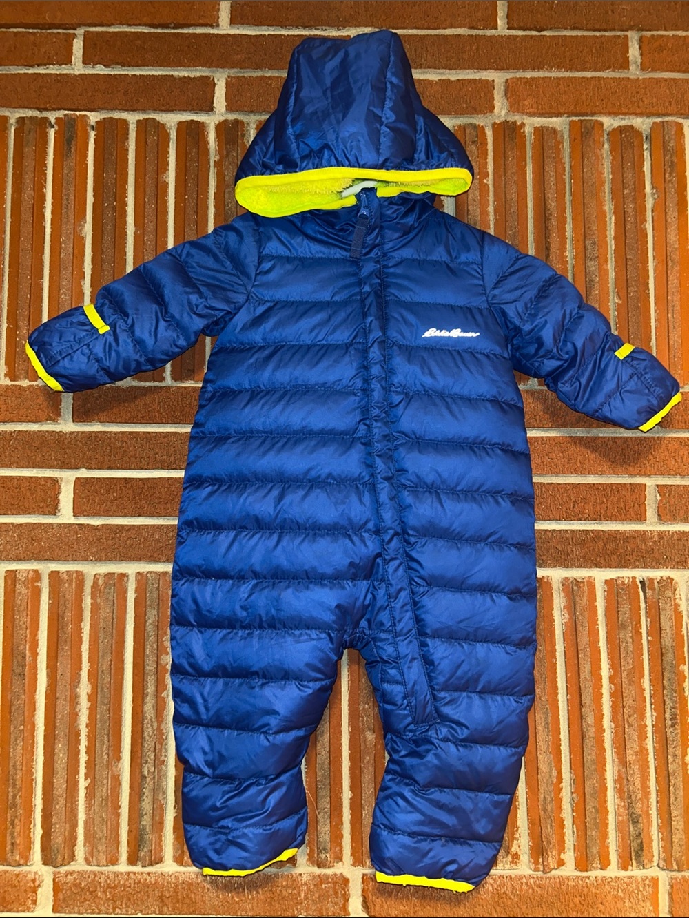 Eddie Bauer Royal Blue Puffer Baby One-Piece with Neon Yellow Sherpa Liner